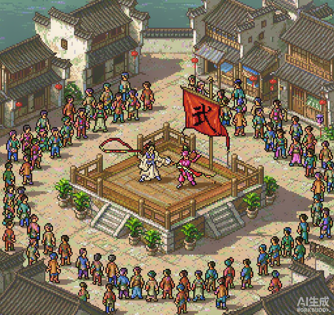苏州城比武招亲擂台的像素风场景插画：擂台上白衣剑客与使鞭的红衣少女对峙，四周看客围观